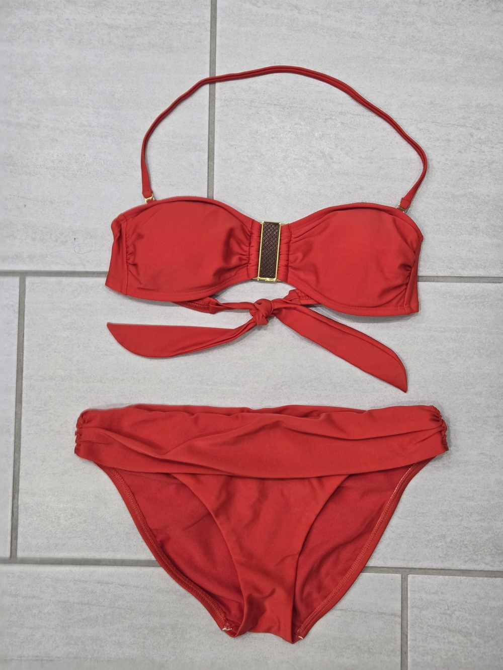 Bandeau Red Bikini With Gold Accents